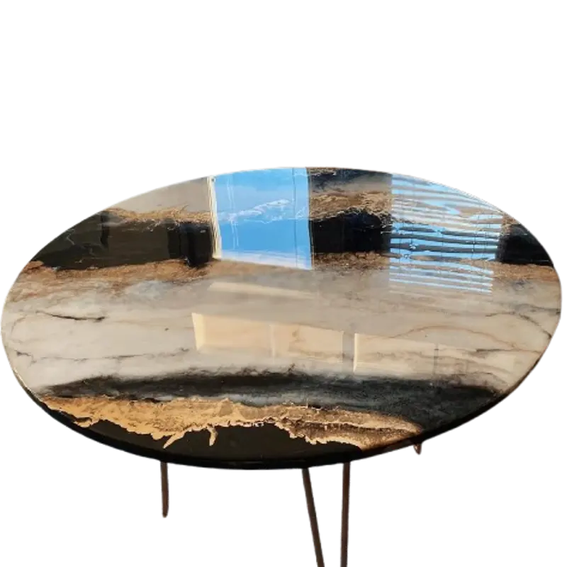 Table Basse “Aura Dorée” – Résine époxy & Pieds métal (Ø 100 cm)